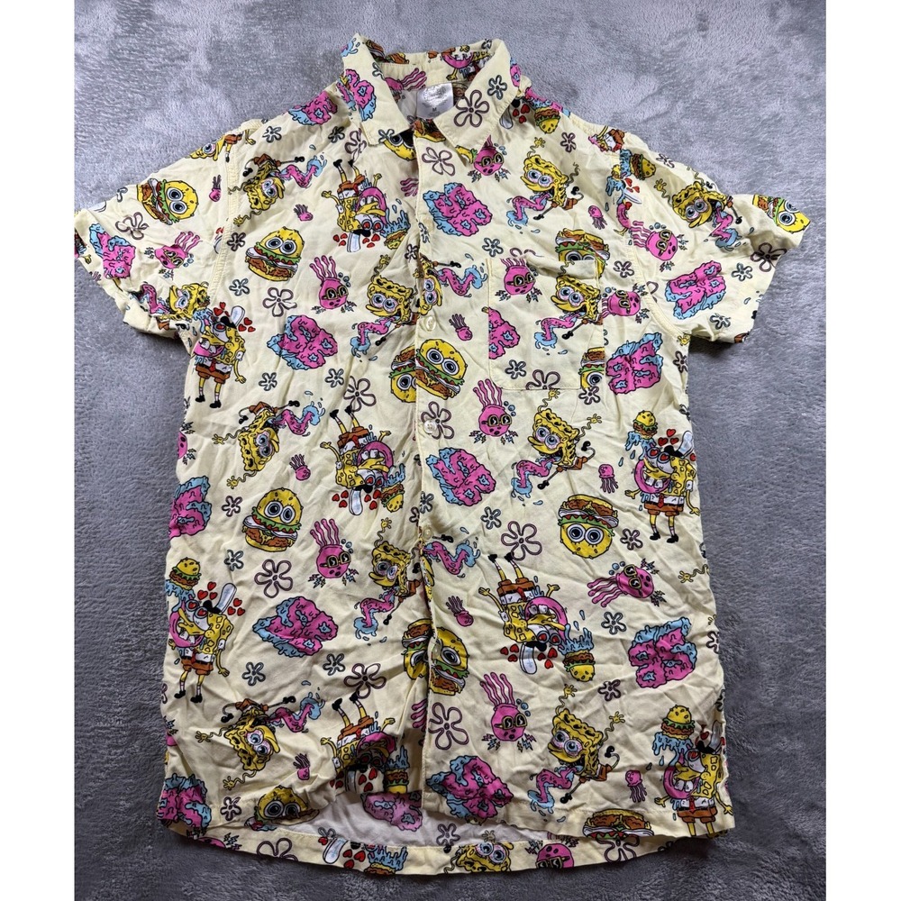 Spongebob Squarepants Nickelodeon Art Button Down Camp Shirt Medium Mens Rayon